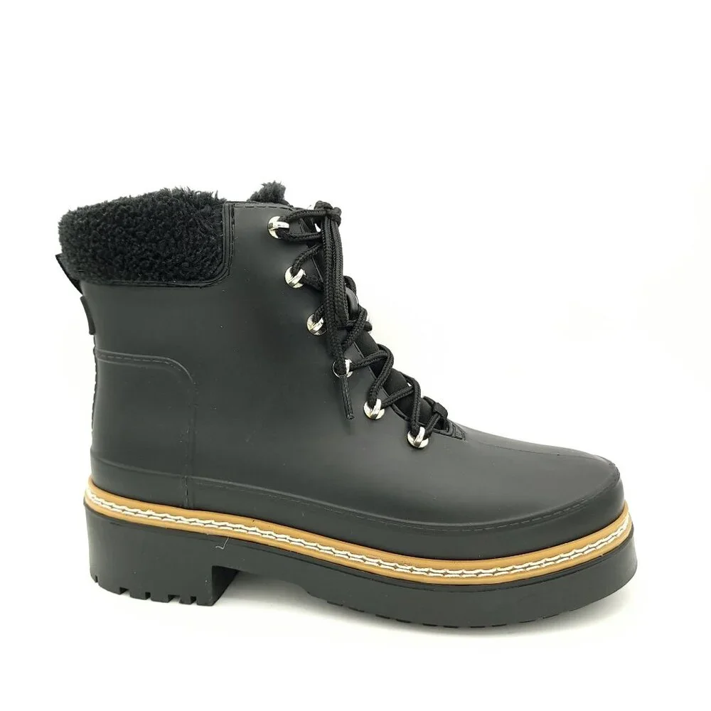Marc Fisher Combat Rain Boots Womens 9 Chic Shiny City Fur Trim Whimsygoth